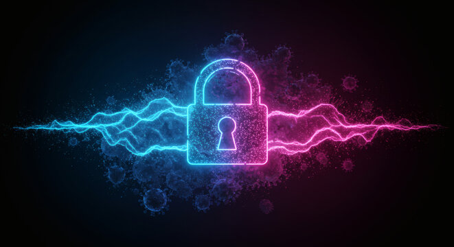 Cybersecurity Concept Illuminated Padlock and Digital Waves with a Virus Backdrop