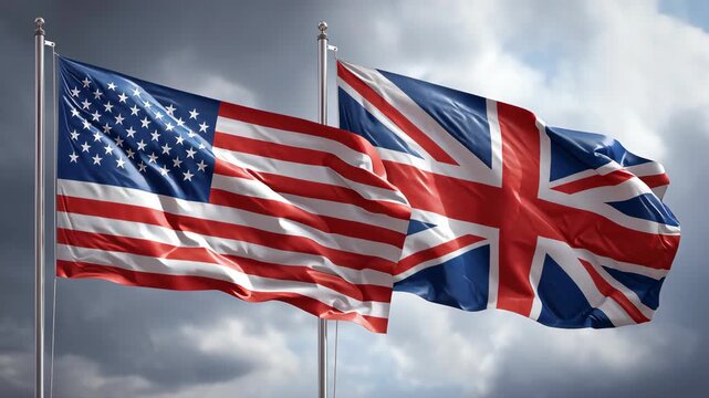 Flags of the united states and united kingdom flying together in a dramatic sky symbolizing unity and cooperation