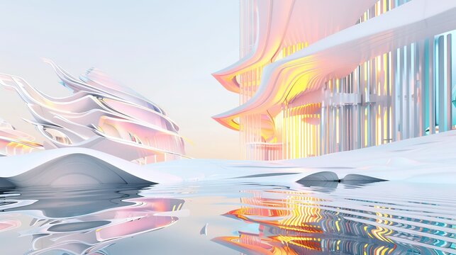 Abstract fluid architectural design featuring soft pastel colors—pinks, blues, yellows—that reflect gently on calm water, highlighting smooth textures, light play, and modern structural aesthetics sui