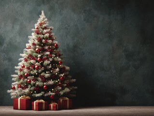 Beautifully decorated Christmas tree with red ornaments and gifts in a cozy room backdrop during holiday season
