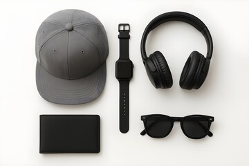 Men's Modern Monochrome Accessories Flat Lay: Gray Cap, Black Wallet, Smartwatch, Headphones, and Sunglasses