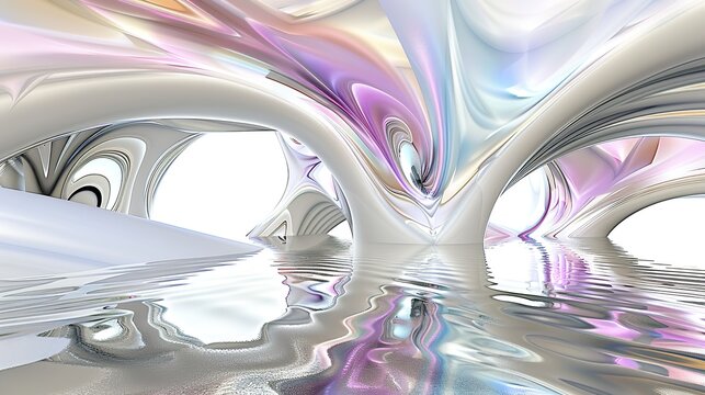 Abstract fluid architectural design featuring soft pastel colors—pinks, blues, yellows—that reflect gently on calm water, highlighting smooth textures, light play, and modern structural aesthetics sui