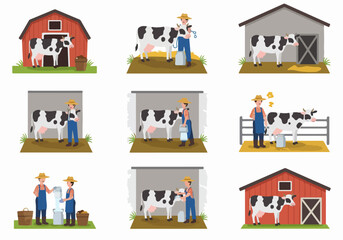 Naklejka premium Farmer milking cows in barnyard scenes