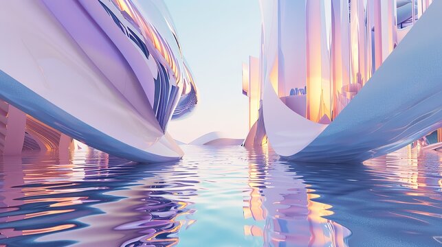 Abstract fluid architectural design featuring soft pastel colors—pinks, blues, yellows—that reflect gently on calm water, highlighting smooth textures, light play, and modern structural aesthetics sui