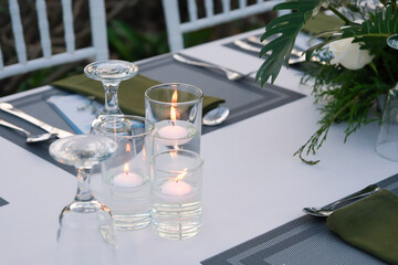 wedding reception dinner table suit set up with decoration flower before evening event start