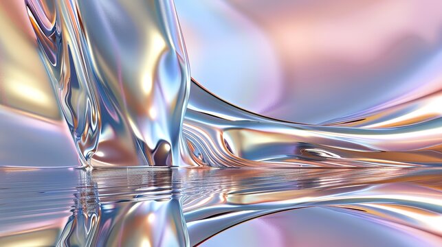 Abstract fluid architectural design featuring soft pastel colors—pinks, blues, yellows—that reflect gently on calm water, highlighting smooth textures, light play, and modern structural aesthetics sui