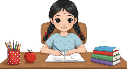 Cute girl studying at desk, drawing in notebook, with books, pencils, apple, classroom background, education concept, school kid learning.