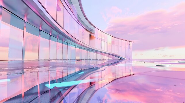 Abstract fluid architectural design featuring soft pastel colors—pinks, blues, yellows—that reflect gently on calm water, highlighting smooth textures, light play, and modern structural aesthetics sui
