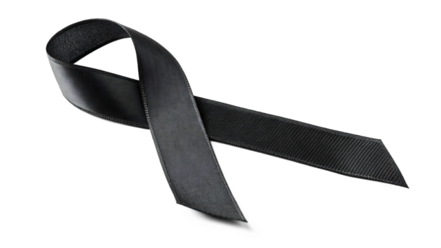 Black awareness ribbon isolated on transparent background, a symbol of mourning, support, and hope for various causes and diseases