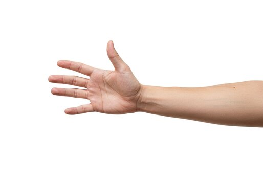 A disembodied human arm extending from the lower right with an open hand in the upper left against a white background