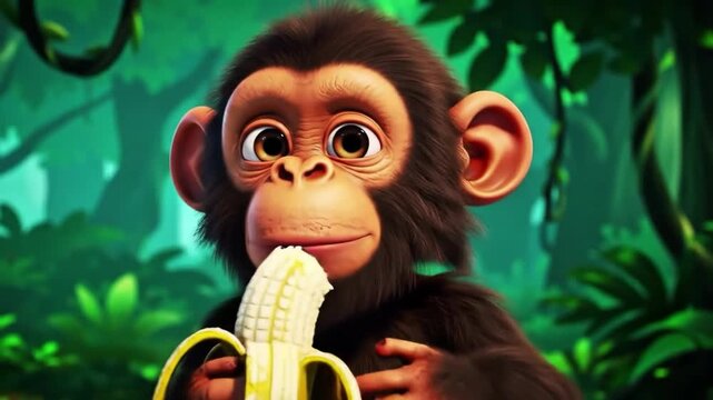 Animated cartoon of monkey eating banana