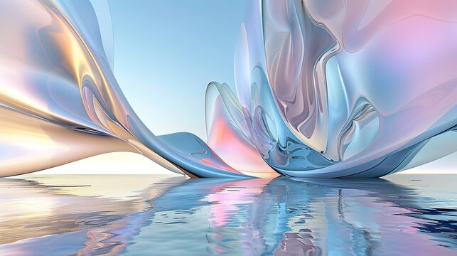 Abstract fluid architectural design featuring soft pastel colors—pinks, blues, yellows—that reflect gently on calm water, highlighting smooth textures, light play, and modern structural aesthetics sui