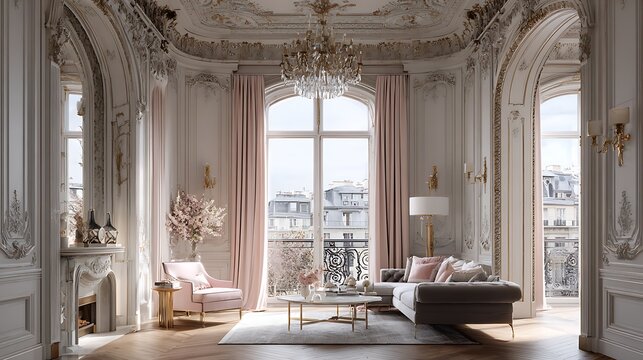Luxury apartment parisian interior design elegant living room chandelier pink accents molding architecture
