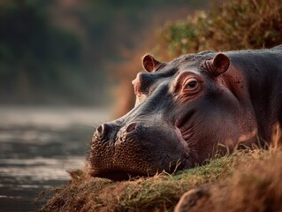Fototapeta premium Hippo resting near riverbank during golden hour in serene natural setting