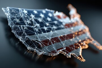 Digital representation of the United States with a flag motif made of connected lines and nodes