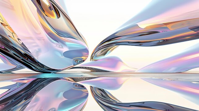 Abstract fluid architectural design featuring soft pastel colors—pinks, blues, yellows—that reflect gently on calm water, highlighting smooth textures, light play, and modern structural aesthetics sui