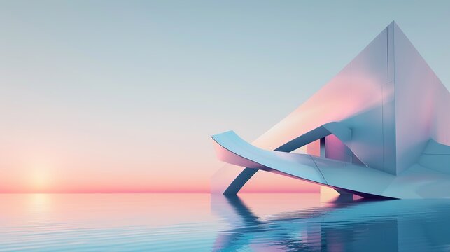 Abstract fluid architectural design featuring soft pastel colors—pinks, blues, yellows—that reflect gently on calm water, highlighting smooth textures, light play, and modern structural aesthetics sui