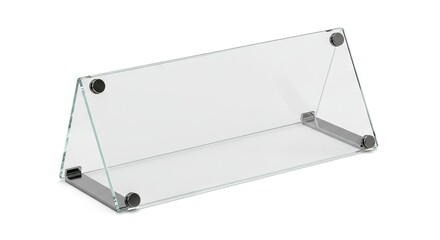 Clear glass table tent with gray metal supports and round fasteners on a white surface