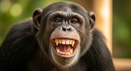 Expressive chimpanzee showing its teeth in a wide grin.