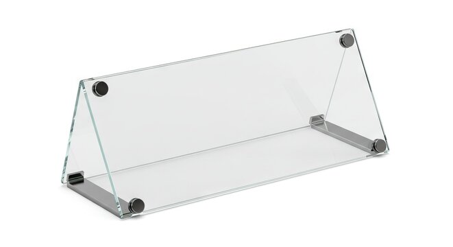 Clear glass table tent with gray metal supports and round fasteners on a white surface