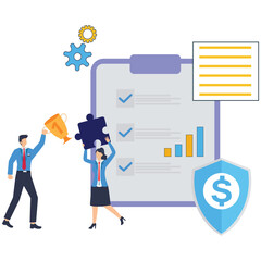 Teamwork achieving business success with trophy, puzzle, financial goals, and protection, winning!
