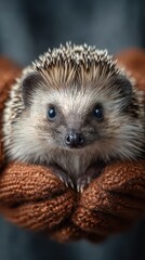 Fototapeta premium Hedgehog resting comfortably in warm hands on a cool day in a cozy indoor setting