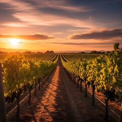 Fototapeta premium Warm sunlight paints the vineyard rows at sunset, creating a sense of tranquility and natural beauty,