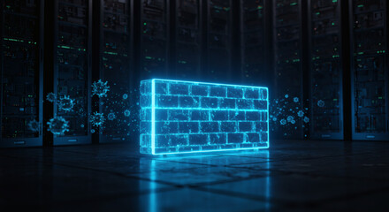 A glowing digital firewall concept, providing robust network security and data protection against incoming cyber attacks and viruses in a modern server room