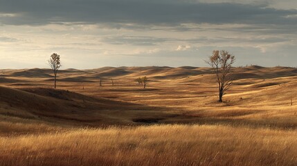   A field with trees in the distance and hills in the background, with clouds overhead