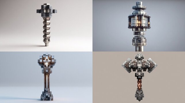 Four stylized voxel renderings of unique, metallic,  tall,  towering,  ornamental  weapons or staffs, each with distinct head designs, displayed individually against a simple, neutral background