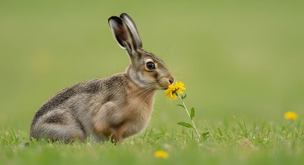 Fototapeta premium Hare Eating Flower in Meadow.