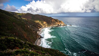 Dramatic coastal scenery reveals a rugged coastline with dramatic cliffs, a secluded beach, and powerful waves crashing against the shore.