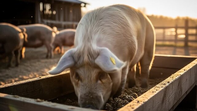 Close-up of pigs feeding from a trough, capturing the essence of farm life and animal feeding