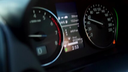 4K video of a car dashboard in real time while driving, featuring navigation monitor and digital car display. Perfect for concepts of automobile interior, technology, GPS navigation, modern driving. - Powered by Adobe