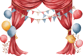 Celebratory watercolor stage curtain frame with colorful balloon and bunting