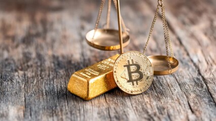 Gold bar, bitcoin coin, and balance scale rustic wooden table symbolize wealth, investment, and financial comparison concepts for optimal balance