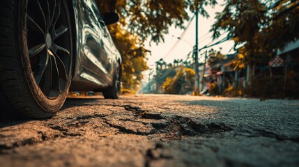 car wheels running and closed up Very bad quality street with potholes. have tree. Damaged asphalt pavement road with potholes in city, dangerous, broken, garage