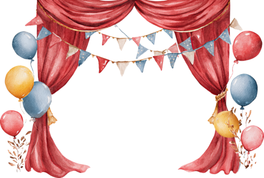 Celebratory watercolor stage curtain frame with colorful balloon and bunting