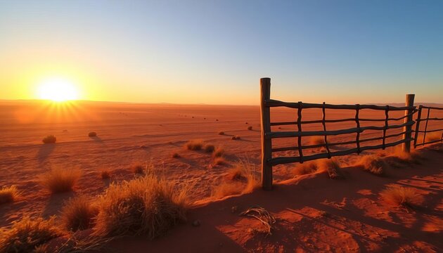 Dusty plains, weathered wooden fence, setting sun casting long shadows, arid, outlaw