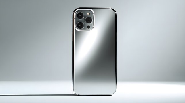 Sleek silver smartphone with a reflective chrome back and a triple camera system.