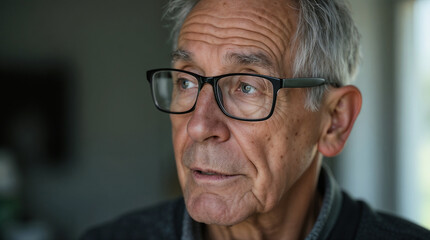 Portrait of an elderly man close-up, over 75 years old, wearing modern glasses