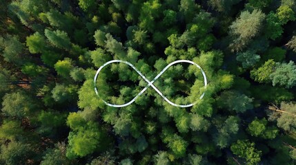Aerial view of a forest with an infinity symbol overlayed, symbolizing sustainability and continuity.