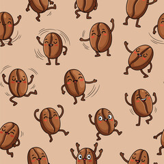 Seamless Pattern, Seamless pattern of cheerful coffee beans dancing on a light brown background Stock royalty free  image.