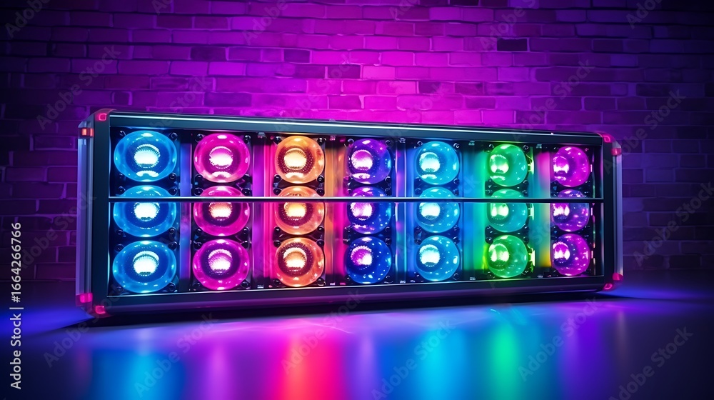 Wall mural illuminated computer fan array with vibrant rgb lighting against a brick wall backdrop