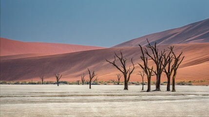   A cluster of barren trees stands amidst a parched pasture, framing a grand sand dune