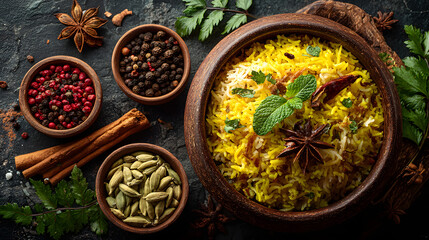 Dried red peppers, fresh green herbs, and various colorful spices are shown in a wooden bowl on a table
