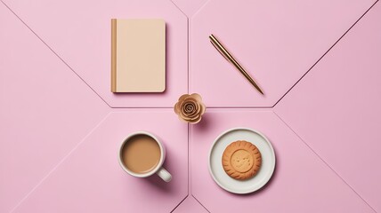 Flatlay Coffee Mug and Notebook on Pink Background