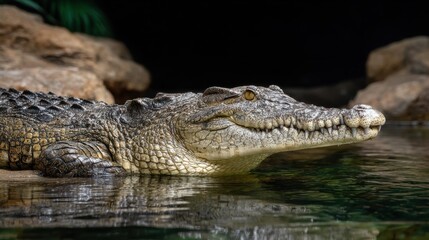 Obraz premium Close-Up of a Crocodile Lying on a Rock by a Still Water Surface