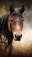 Majestic brown horse standing in a misty field during dawn with sunlight shining through grass