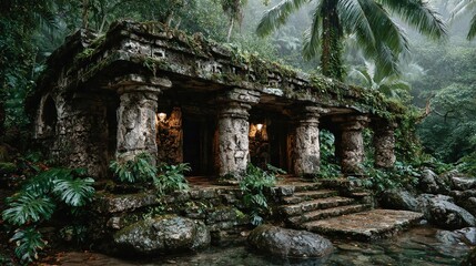 Fototapeta premium A picture of a house surrounded by a jungle with climbing stairs and a waterfall in the foreground